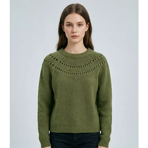 Green Openwork Yoke Crew Neck Sweater Green Openwork Yoke Crew Neck Sweater
