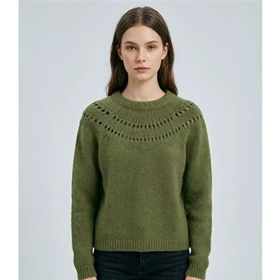 Áo len cổ tròn Openwork Yoke màu xanh lá cây